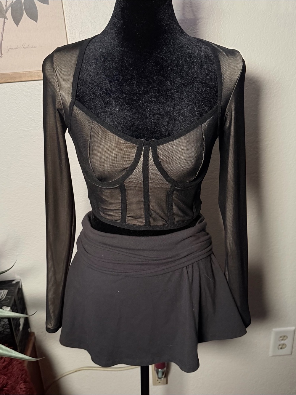 New Edikted Black Sheer Long Sleeve Mesh Corset Top